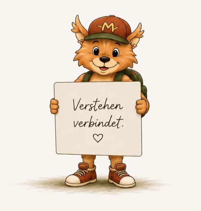 Kami-Maskottchen hält ein Schild mit der Aufschrift 'Verstehen verbindet.'